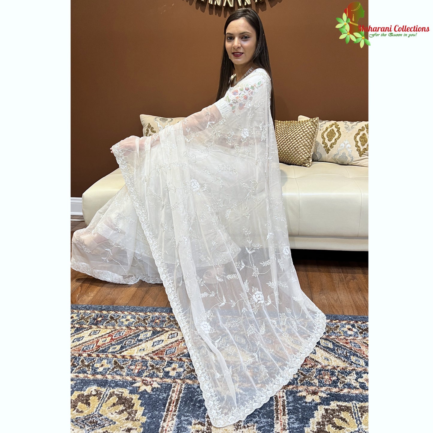 Maharani's Party Wear Tissue Chiffon Saree - White (with Stitched Petticoat)