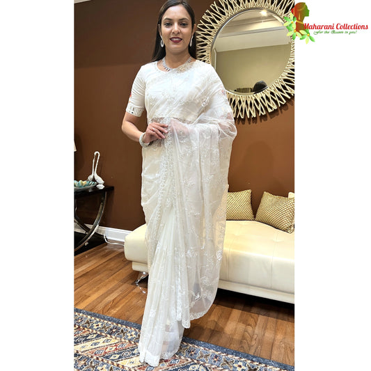 Maharani's Party Wear Tissue Chiffon Saree - White (with Stitched Petticoat)