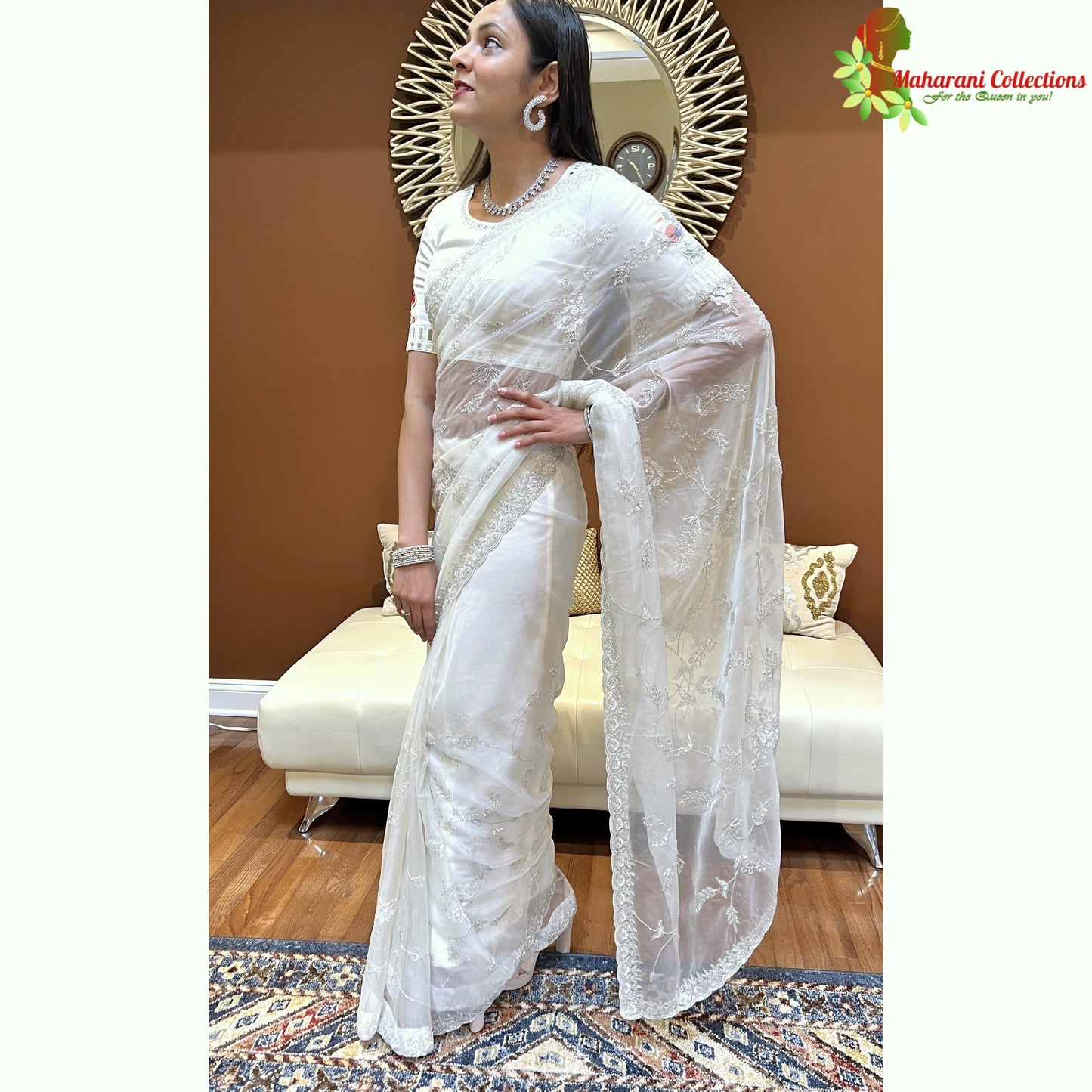 Maharani's Party Wear Tissue Chiffon Saree - White (with Stitched Petticoat)