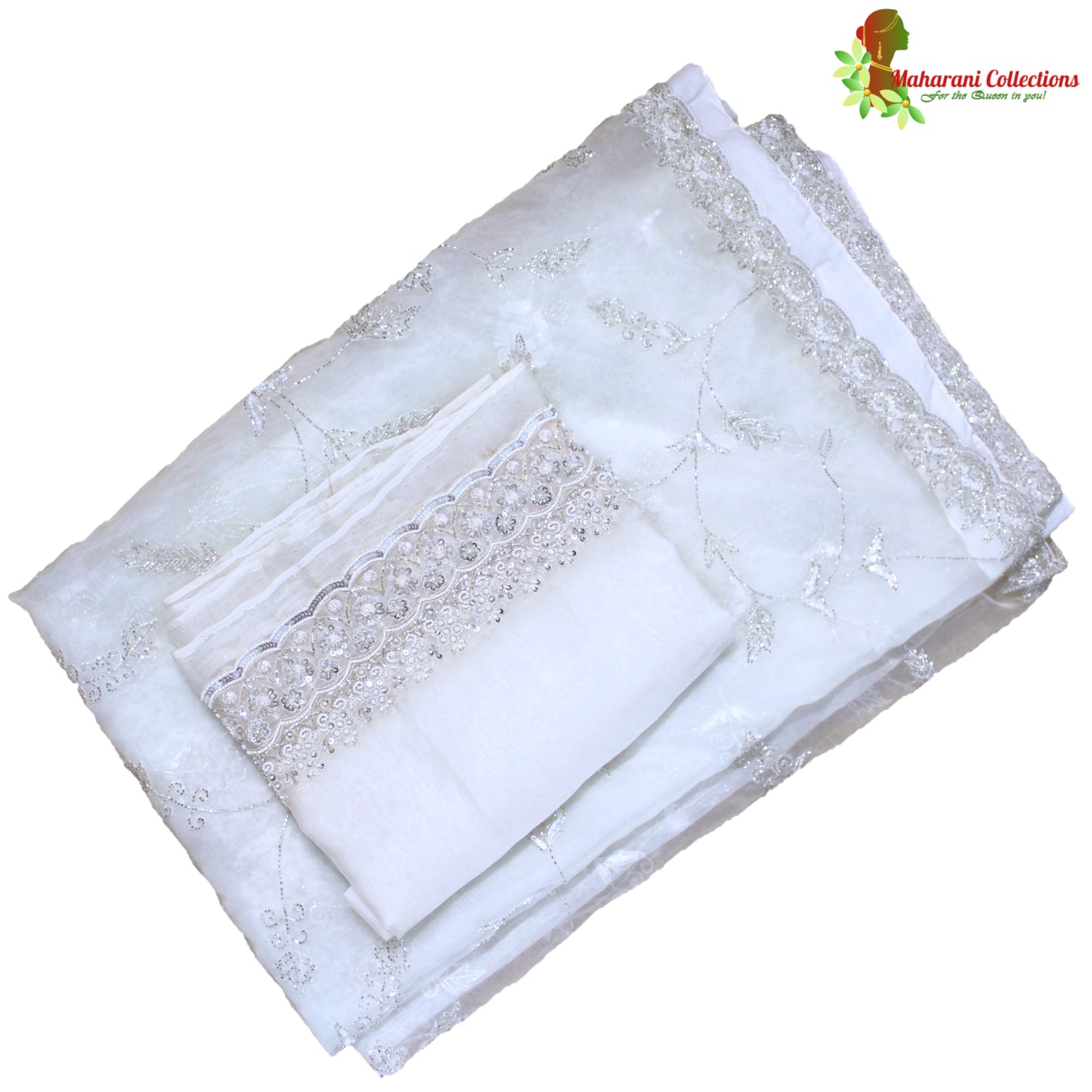 Maharani's Party Wear Tissue Chiffon Saree - White (with Stitched Petticoat)