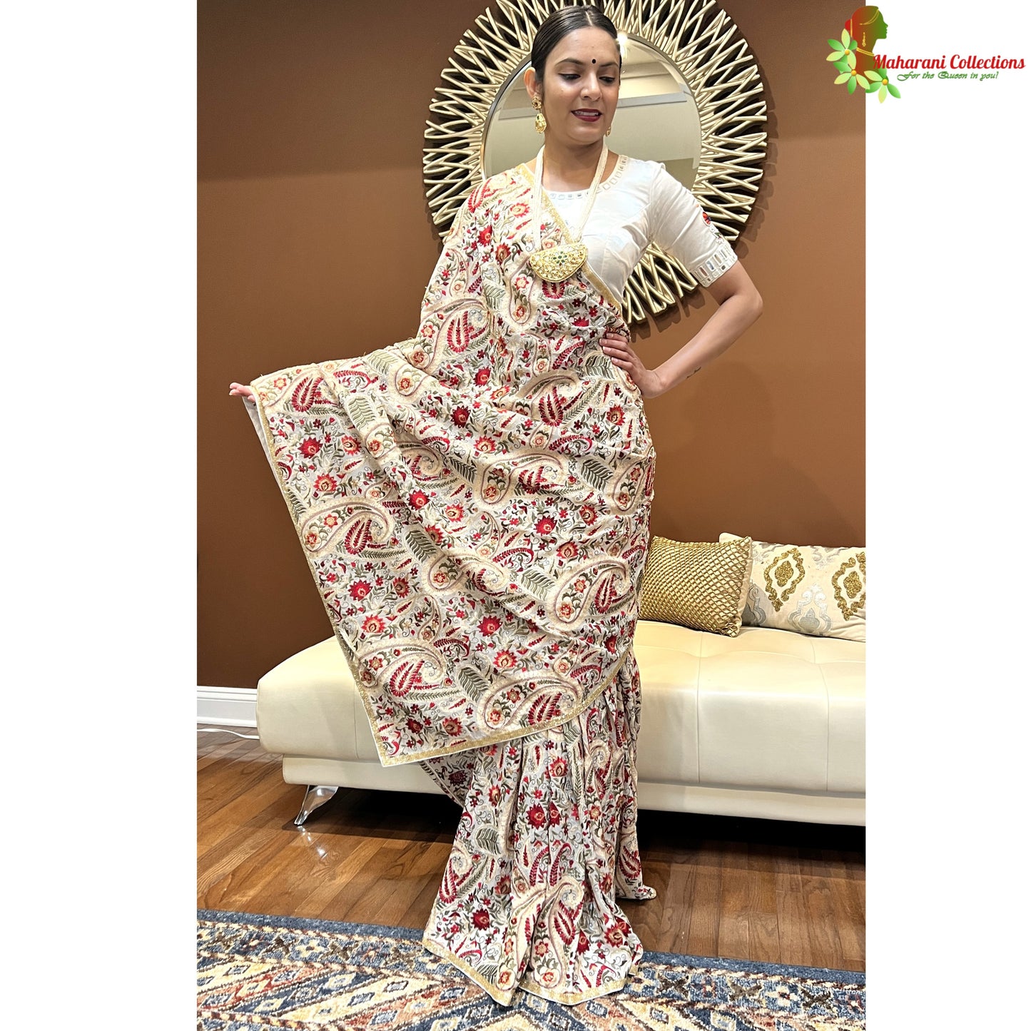 Maharani's Designer Party Wear Georgette Saree - White (with Stitched Petticoat)