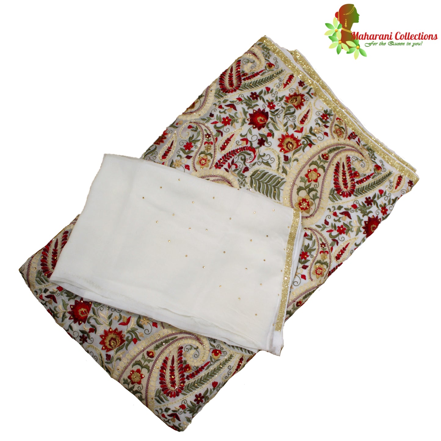 Maharani's Designer Party Wear Georgette Saree - White (with Stitched Petticoat)