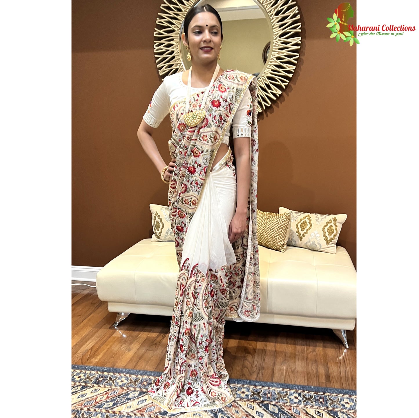 Maharani's Designer Party Wear Georgette Saree - White (with Stitched Petticoat)