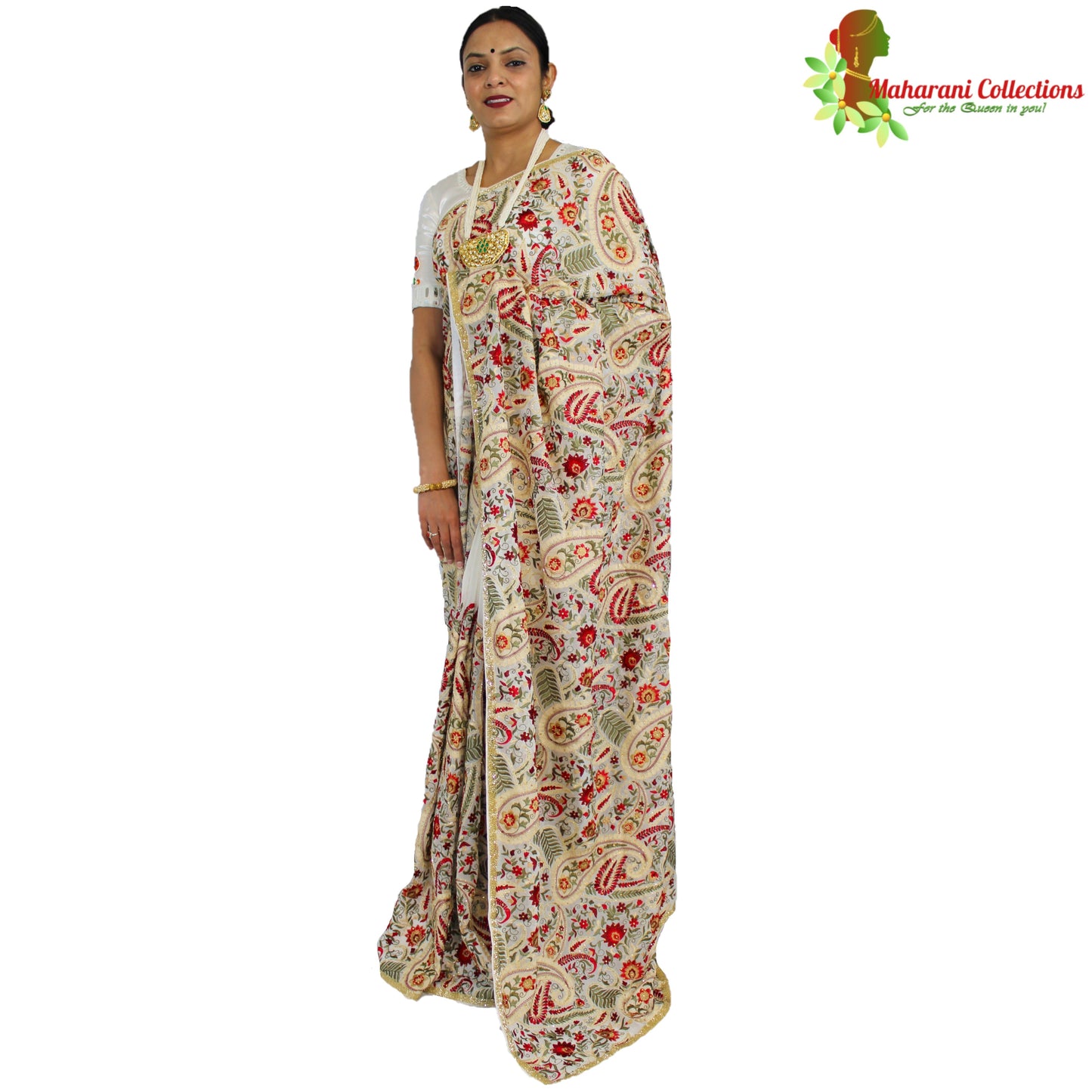 Maharani's Designer Party Wear Georgette Saree - White (with Stitched Petticoat)