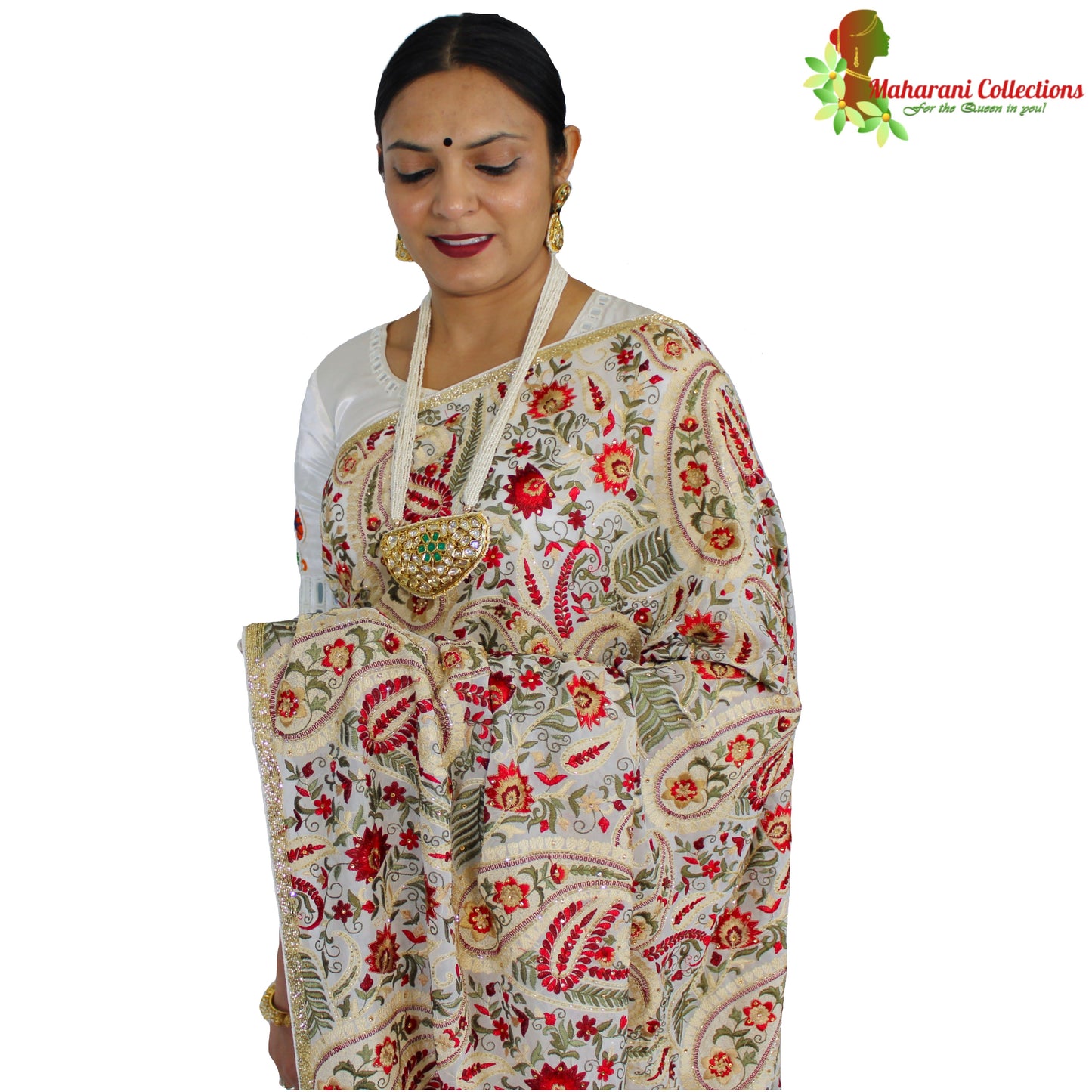 Maharani's Designer Party Wear Georgette Saree - White (with Stitched Petticoat)