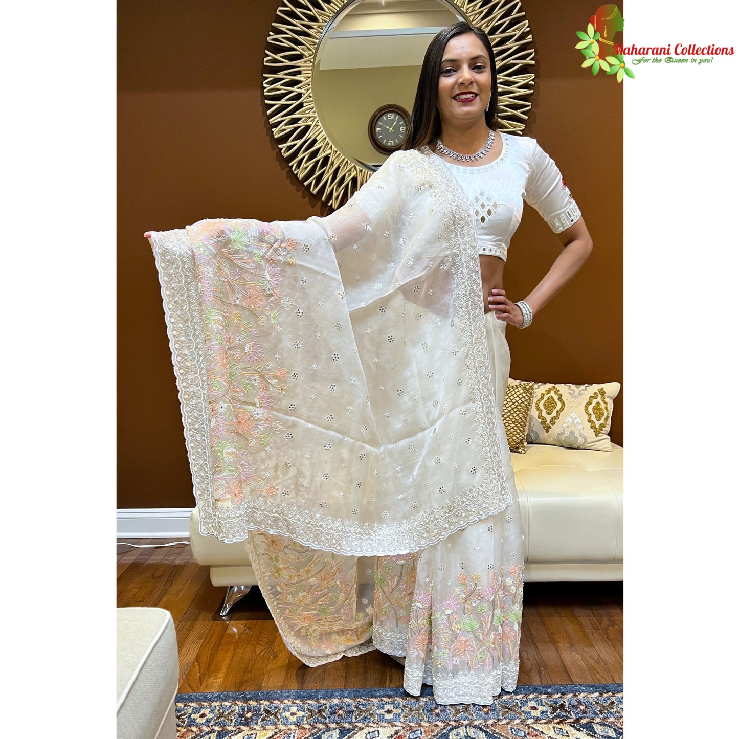Maharani's Designer Party Wear Organza Saree - White (with Stitched Petticoat)