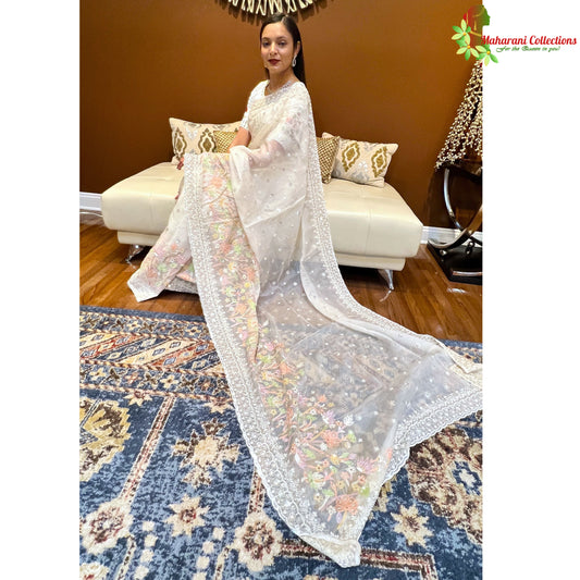 Maharani's Designer Party Wear Organza Saree - White (with Stitched Petticoat)