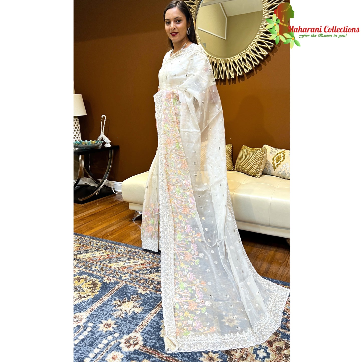 Maharani's Designer Party Wear Organza Saree - White (with Stitched Petticoat)
