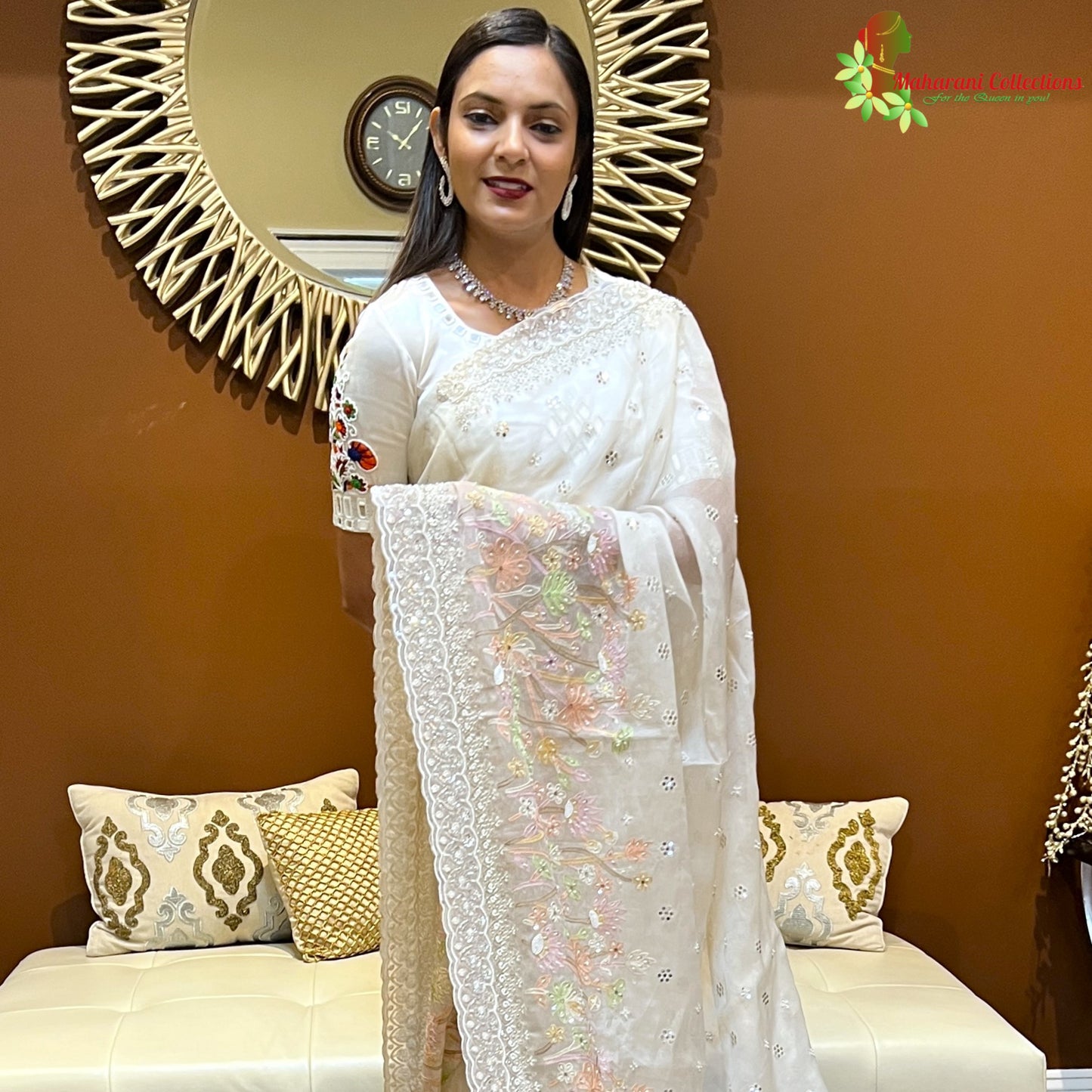 Maharani's Designer Party Wear Organza Saree - White (with Stitched Petticoat)