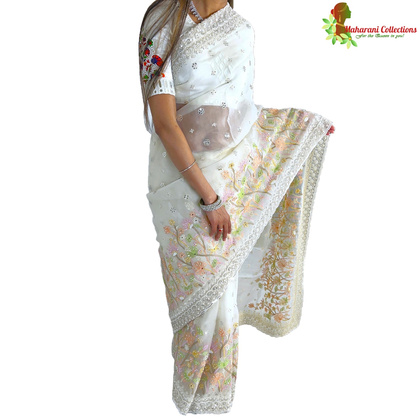 Maharani's Designer Party Wear Organza Saree - White (with Stitched Petticoat)