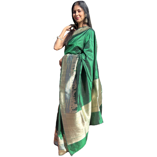 Maharani's Pure Banarasi Silk Saree - Bottle Green (with stitched Petticoat)