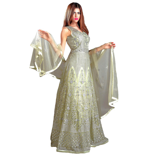 Designer Ball (Princess) Gown - Pistachio Green with Zari, Mirror, Sequins and Net Work
