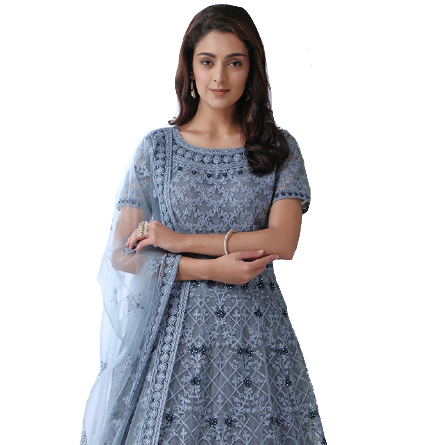 Maharani's Designer Gala Gown - Bluish Grey with Exquisite Thread and Stonework