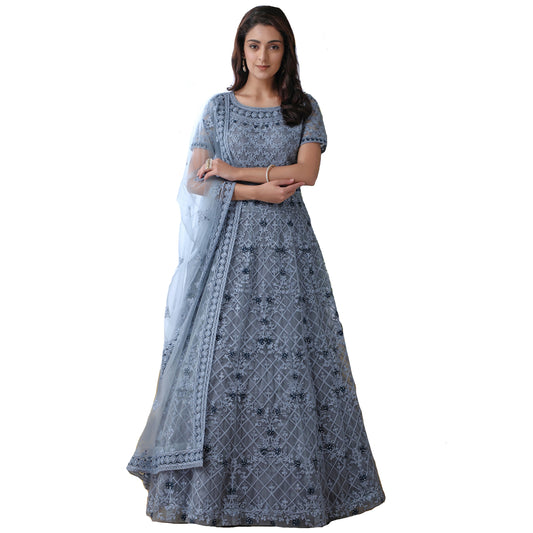 Maharani's Designer Gala Gown - Bluish Grey with Exquisite Thread and Stonework