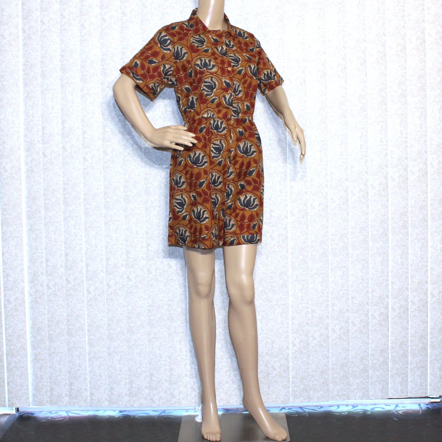 Short Jump Suit - Half Sleeve Short Brown Printed