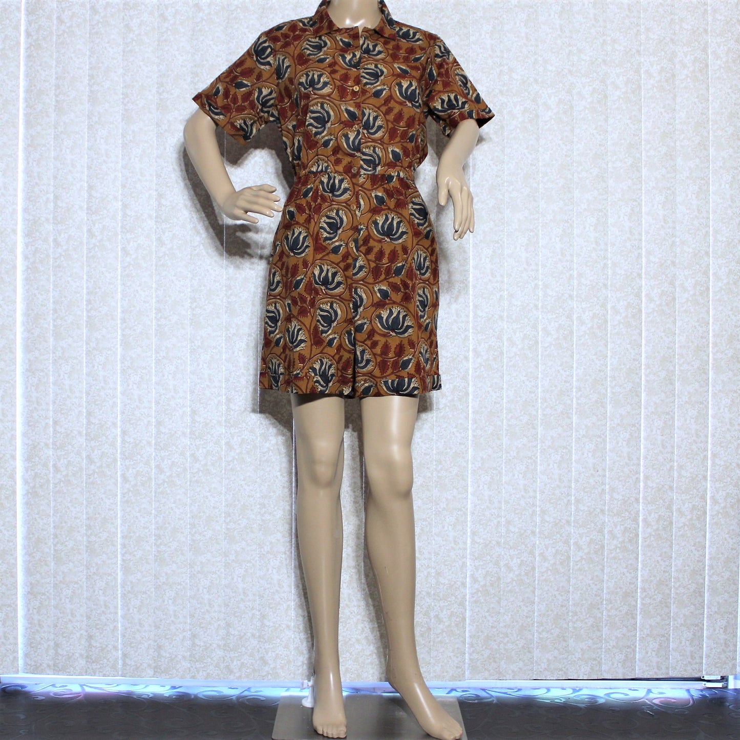 Short Jump Suit - Half Sleeve Short Brown Printed