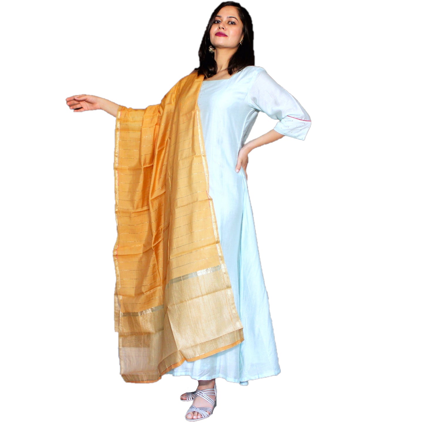 Maharani's Silk Long Evening Gown with Dupatta - Sea Green (M)
