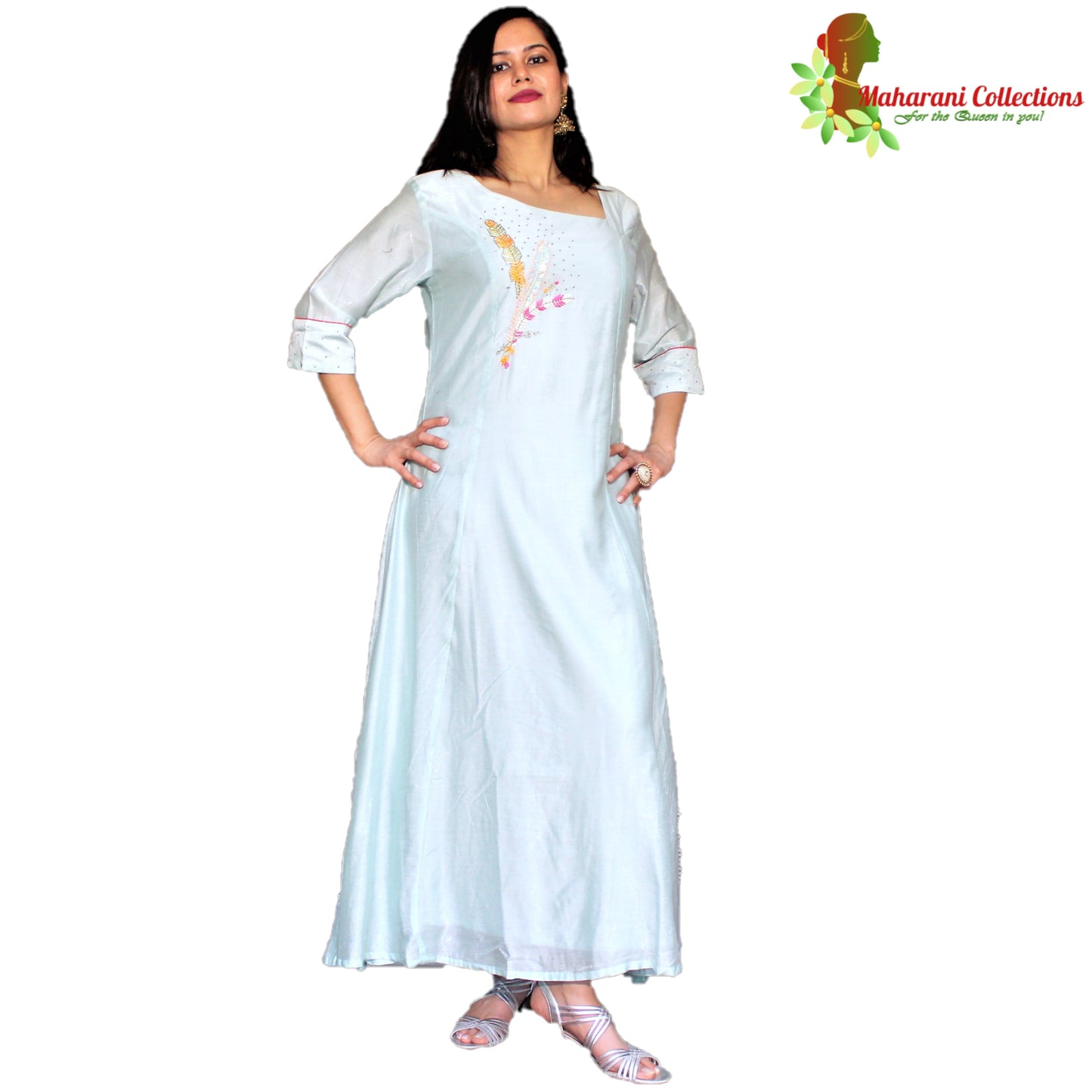 Maharani's Silk Long Evening Gown with Dupatta - Sea Green (M)