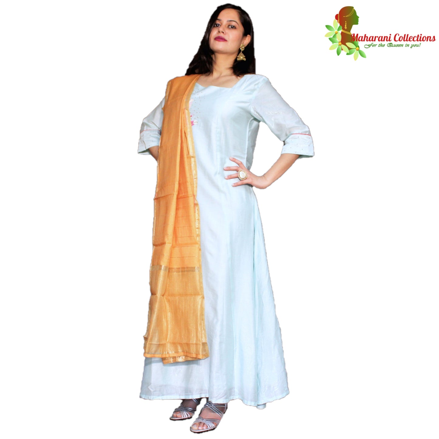 Maharani's Silk Long Evening Gown with Dupatta - Sea Green (M)