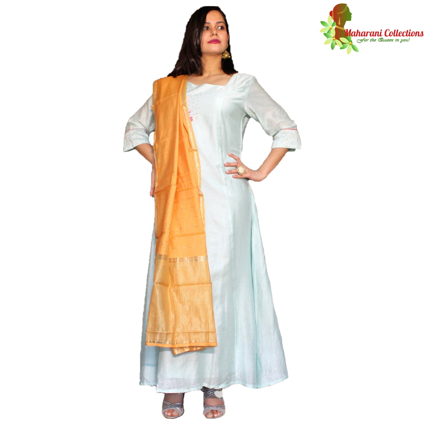 Maharani's Silk Long Evening Gown with Dupatta - Sea Green (M)