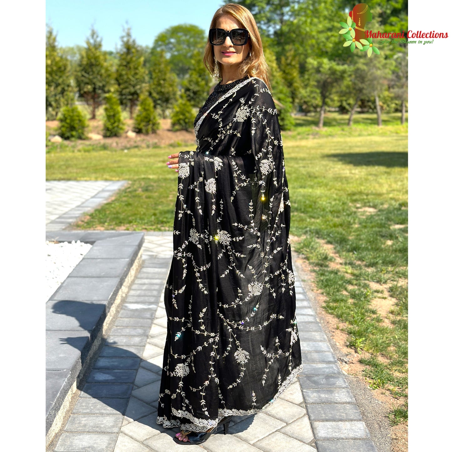 Maharani's Designer Party Wear Georgette Saree - Black (with Stitched Petticoat)