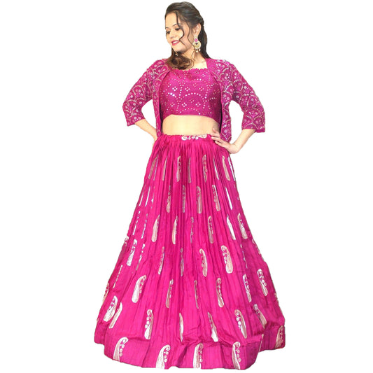 Maharani's Silk Ikkat Patola Lehenga Choli with Half Koti - Magenta