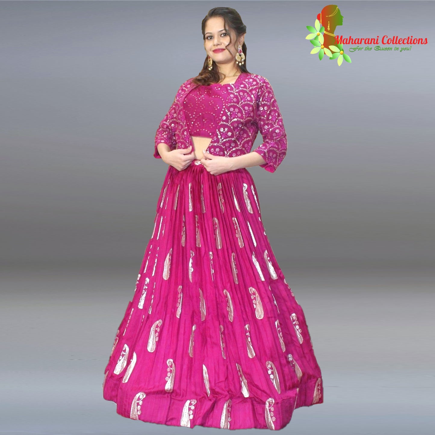 Maharani's Silk Ikkat Patola Lehenga Choli with Half Koti - Magenta