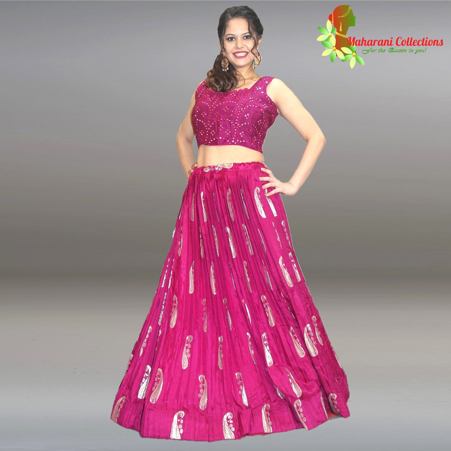 Maharani's Silk Ikkat Patola Lehenga Choli with Half Koti - Magenta