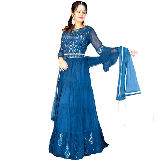 Maharani's Designer Silk/Net Heavy Work Lehenga Choli - Navy Blue