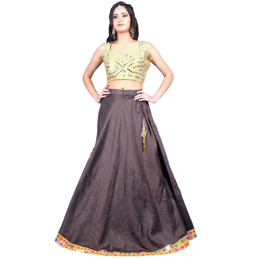 Designer Tussar Silk Lehenga Choli - Brown and Gold