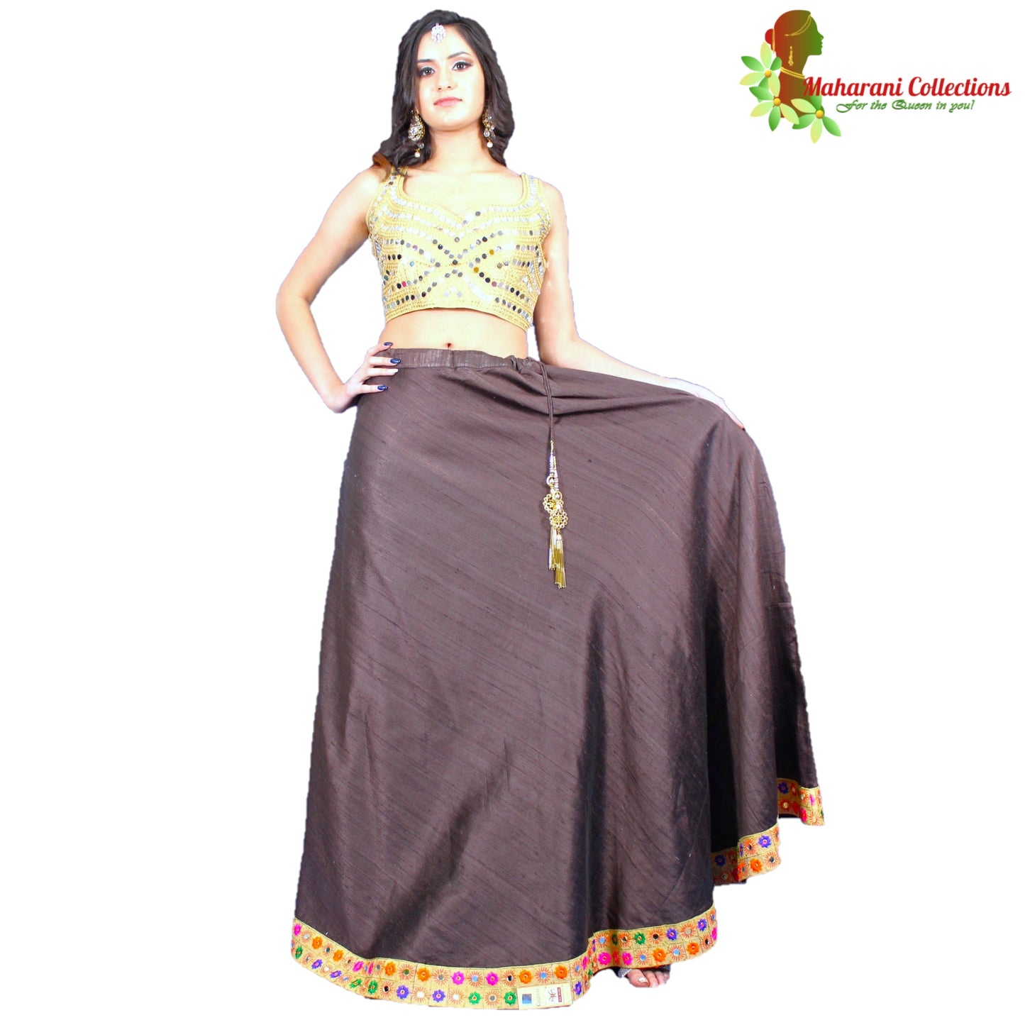 Designer Tussar Silk Lehenga Choli - Brown and Gold