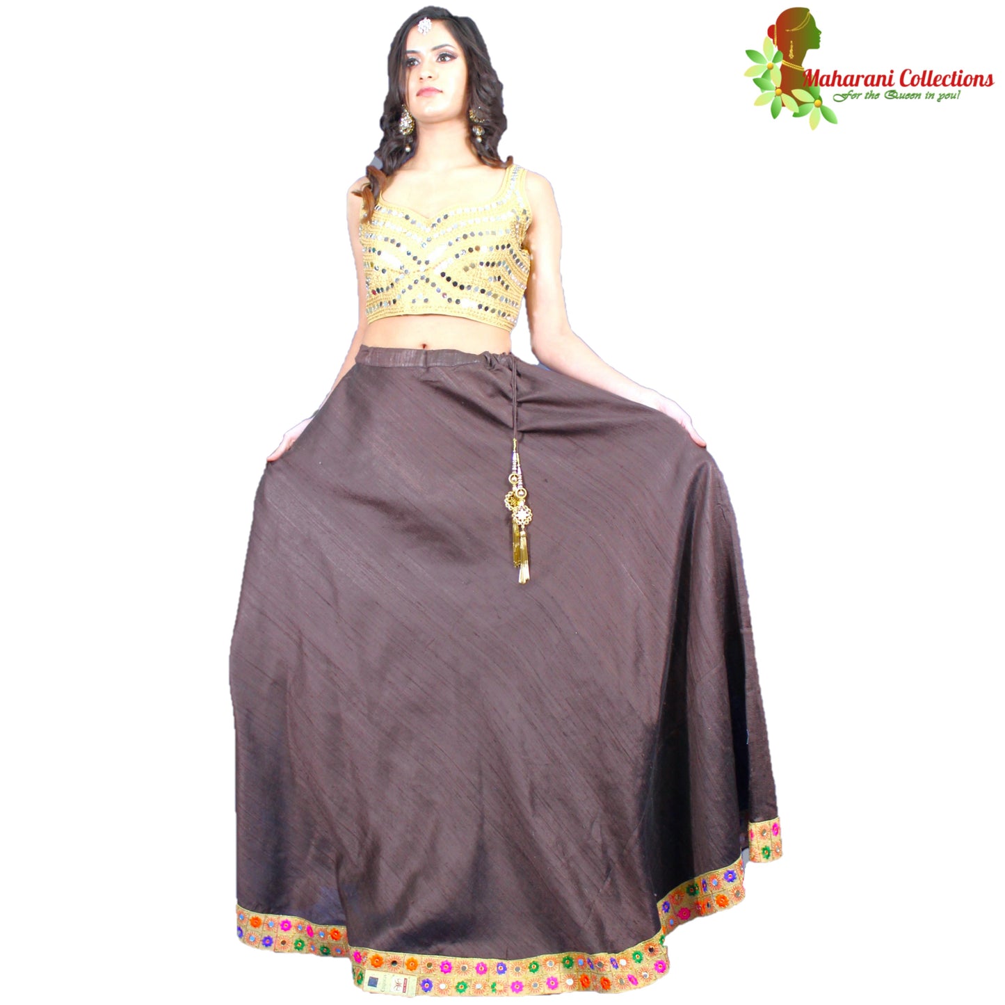 Designer Tussar Silk Lehenga Choli - Brown and Gold