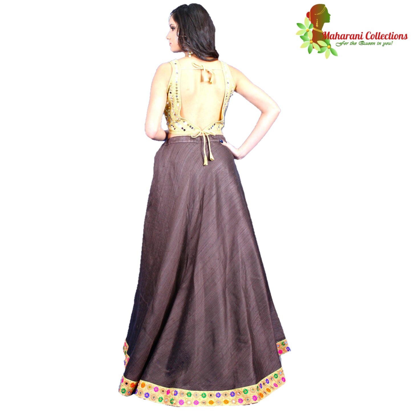 Designer Tussar Silk Lehenga Choli - Brown and Gold