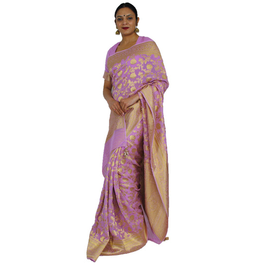 Maharani's Pure Banarasi Khaddi Georgette Saree - Magenta with Golden Zari