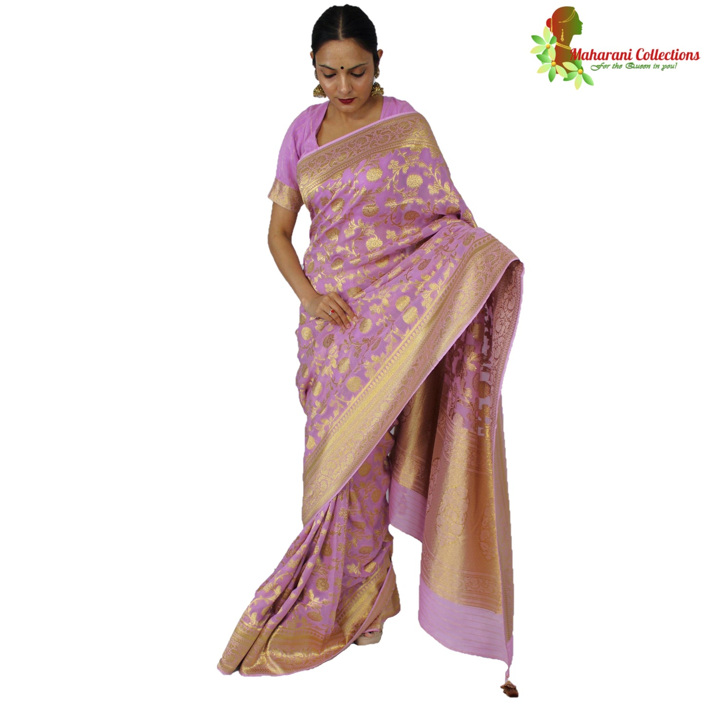 Maharani's Pure Banarasi Khaddi Georgette Saree - Magenta with Golden Zari