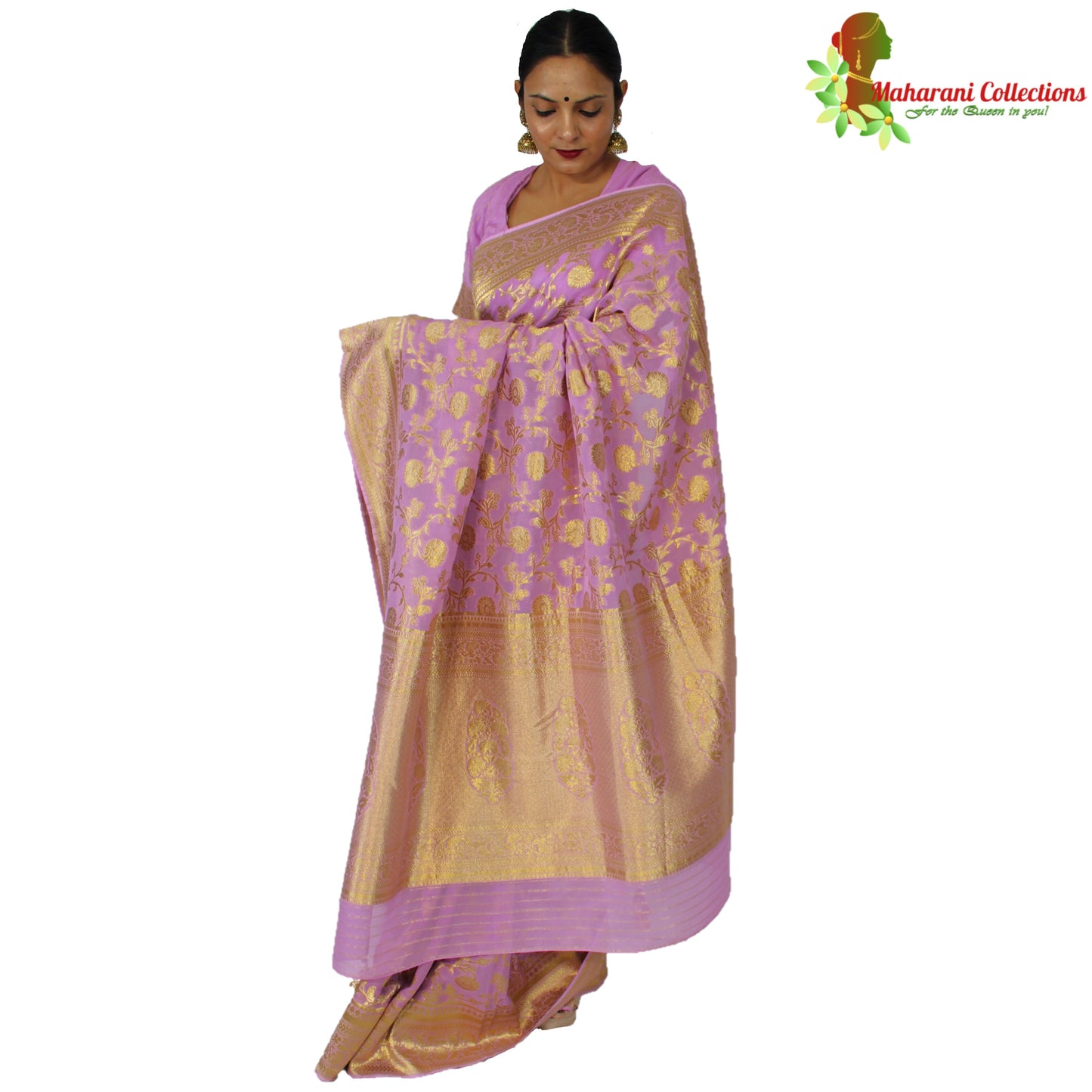 Maharani's Pure Banarasi Khaddi Georgette Saree - Magenta with Golden Zari