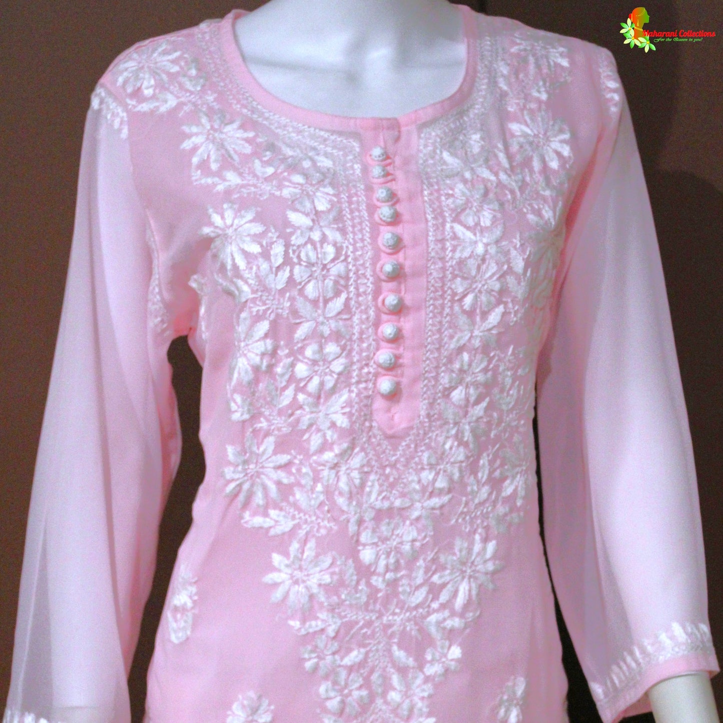 Maharani's Lucknowi Chikankari Top - Pink (L) - Pure Georgette