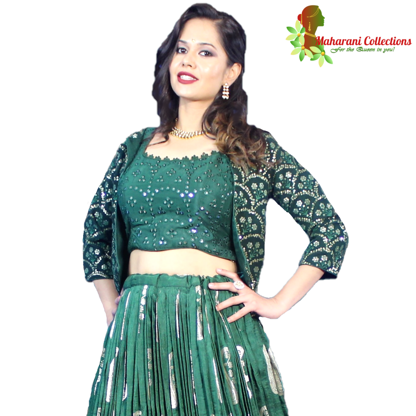 Maharani's Silk Ikkat Patola Lehenga Choli with Half Koti - Bottle Green