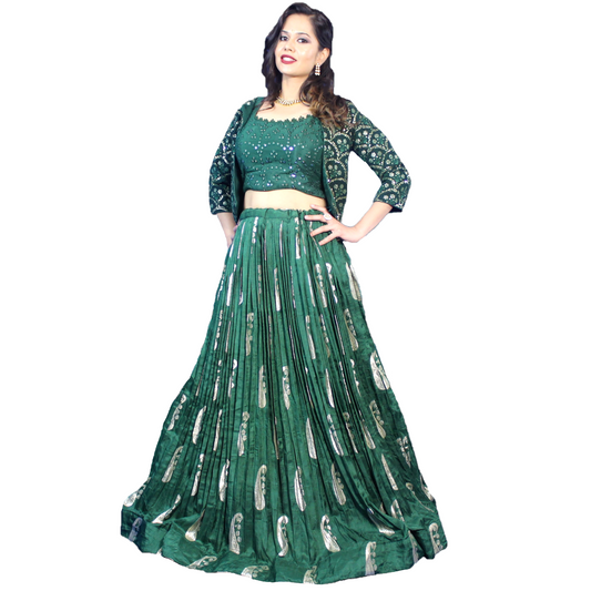 Maharani's Silk Ikkat Patola Lehenga Choli with Half Koti - Bottle Green