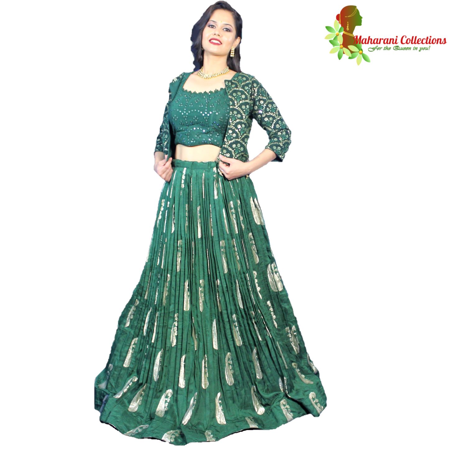 Maharani's Silk Ikkat Patola Lehenga Choli with Half Koti - Bottle Green