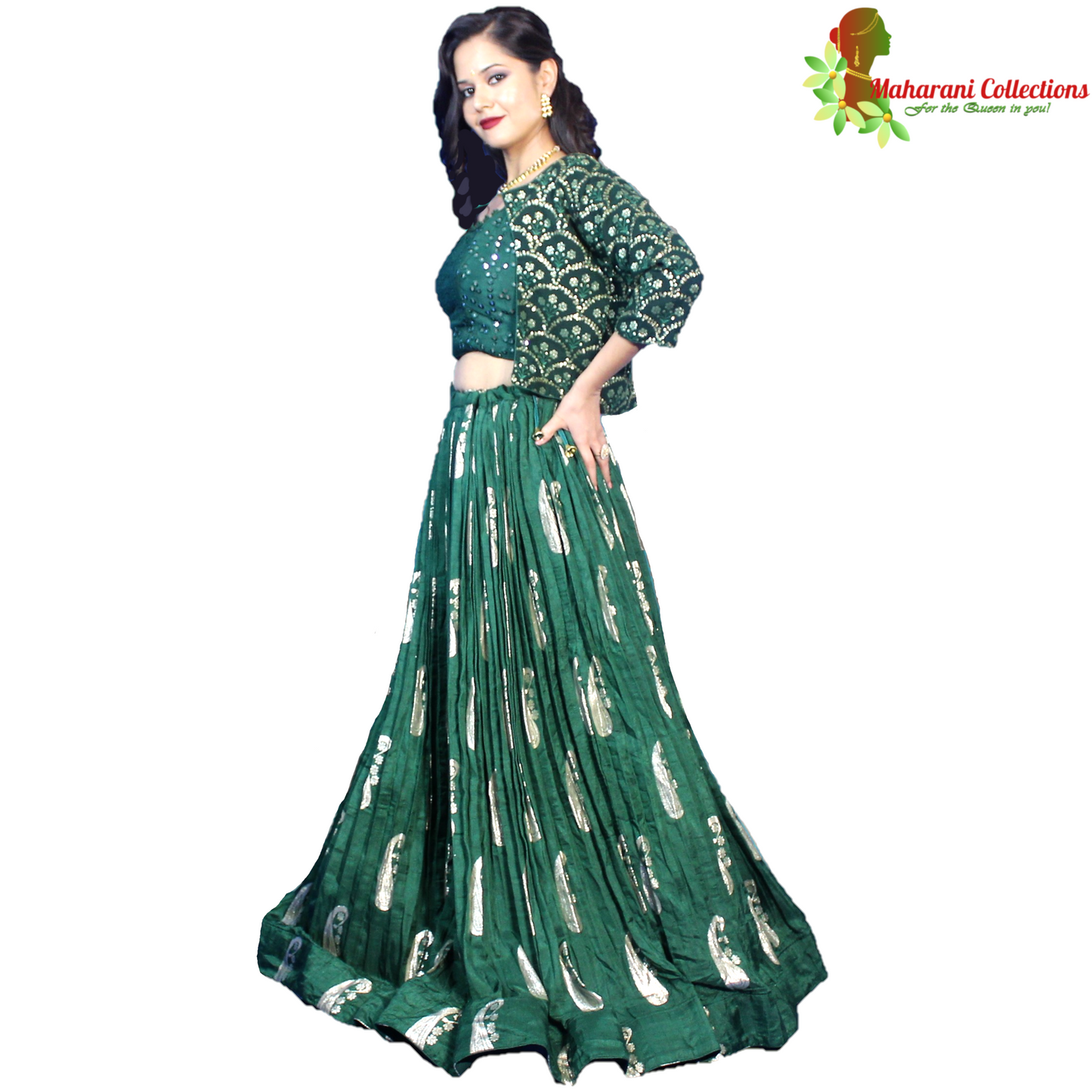 Maharani's Silk Ikkat Patola Lehenga Choli with Half Koti - Bottle Green