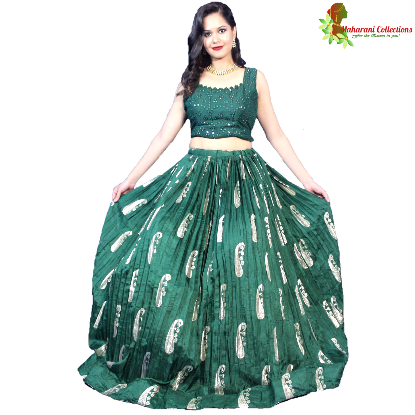 Maharani's Silk Ikkat Patola Lehenga Choli with Half Koti - Bottle Green