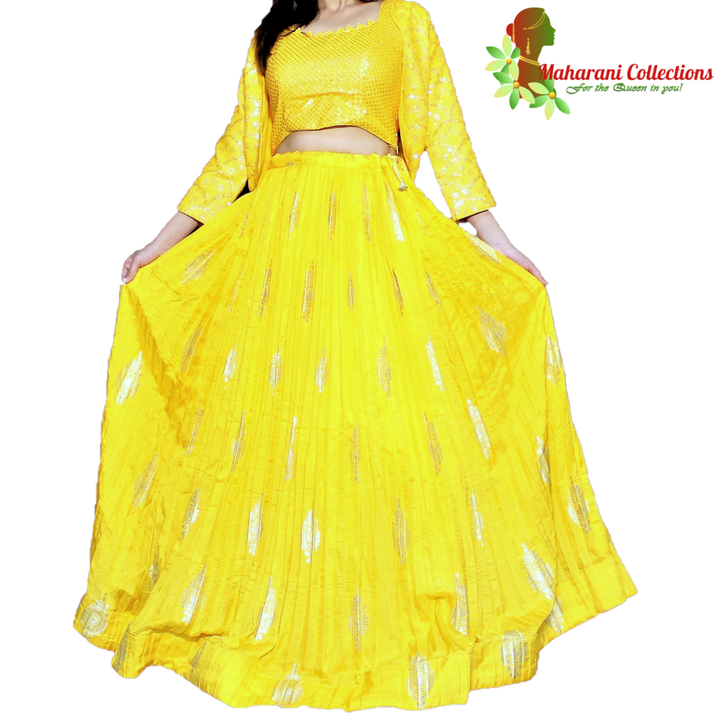 Maharani's Silk Ikkat Patola Lehenga Choli with Half Koti - Yellow