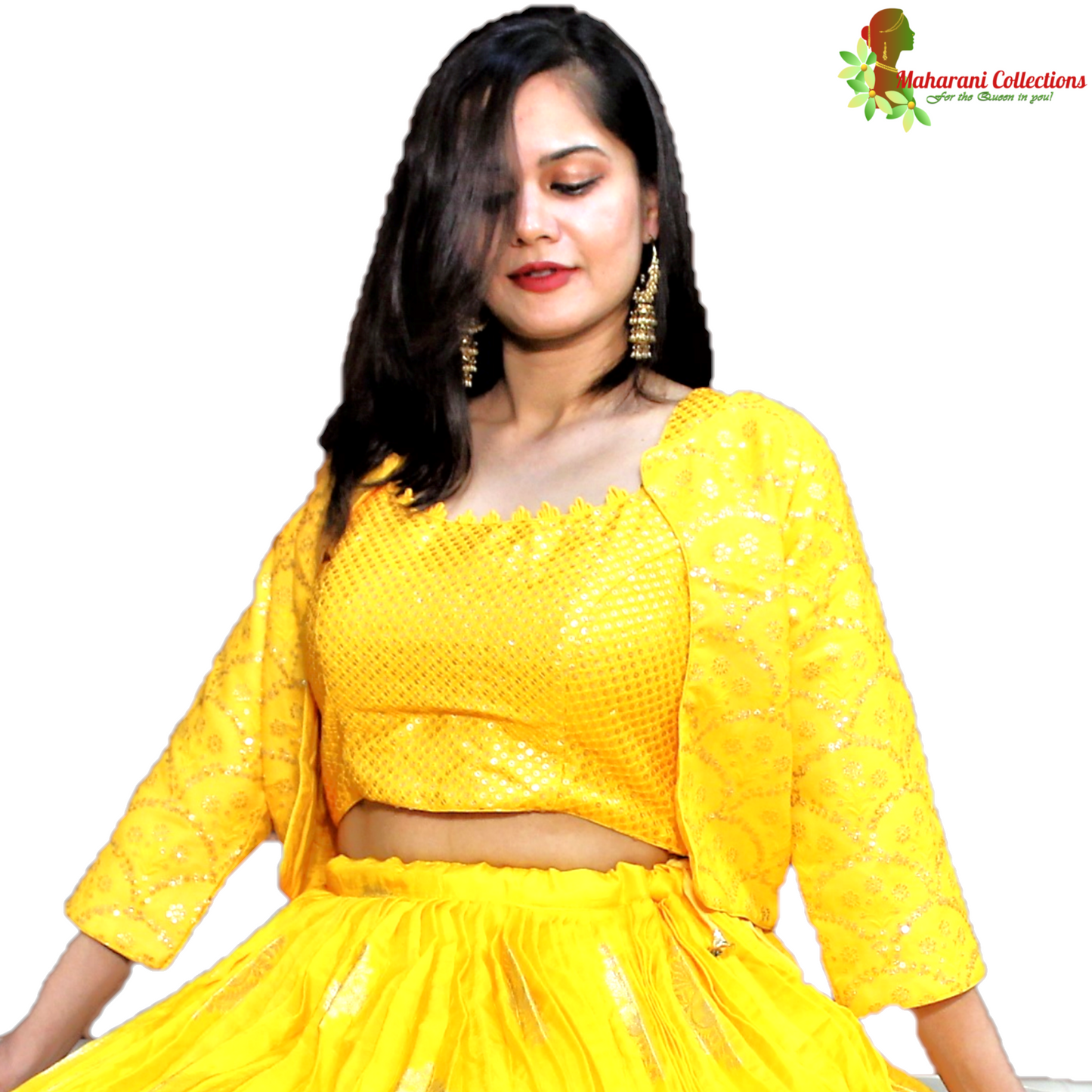 Maharani's Silk Ikkat Patola Lehenga Choli with Half Koti - Yellow