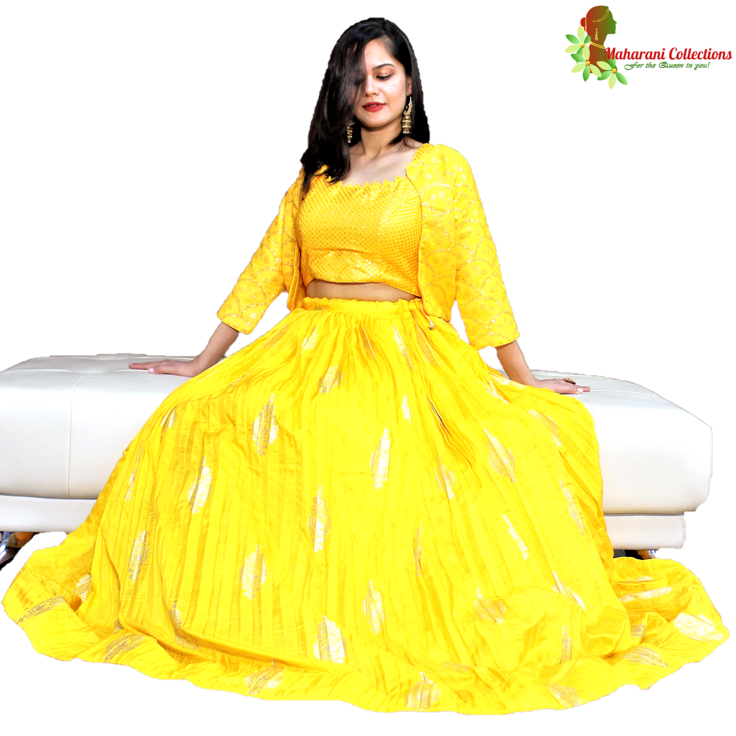 Maharani's Silk Ikkat Patola Lehenga Choli with Half Koti - Yellow