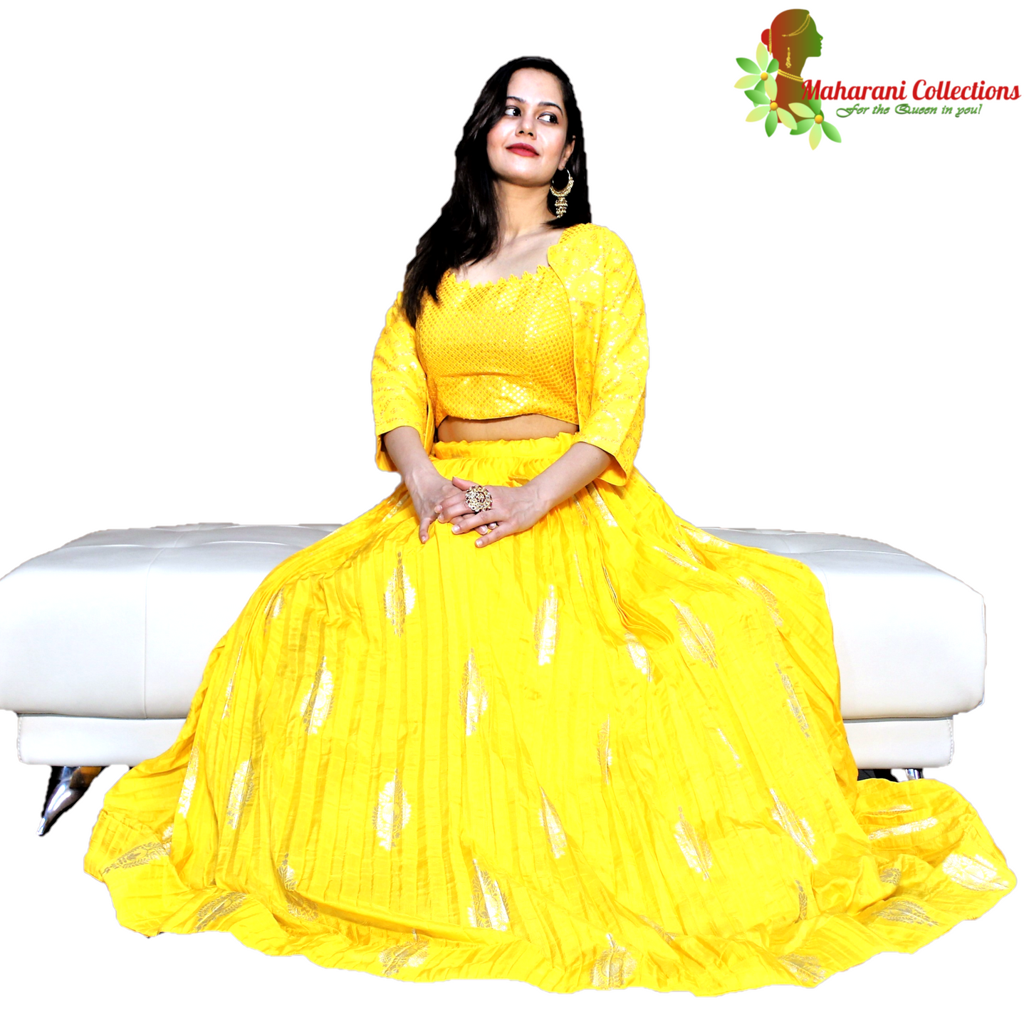 Maharani's Silk Ikkat Patola Lehenga Choli with Half Koti - Yellow