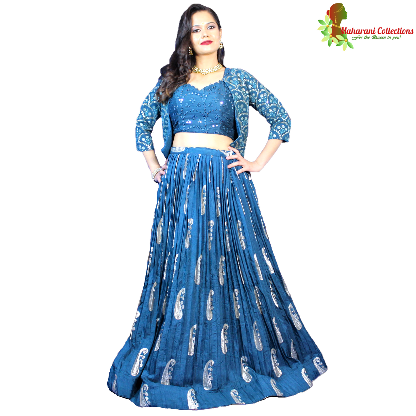 Maharani's Silk Ikkat Patola Lehenga Choli with Half Koti - Robin Blue