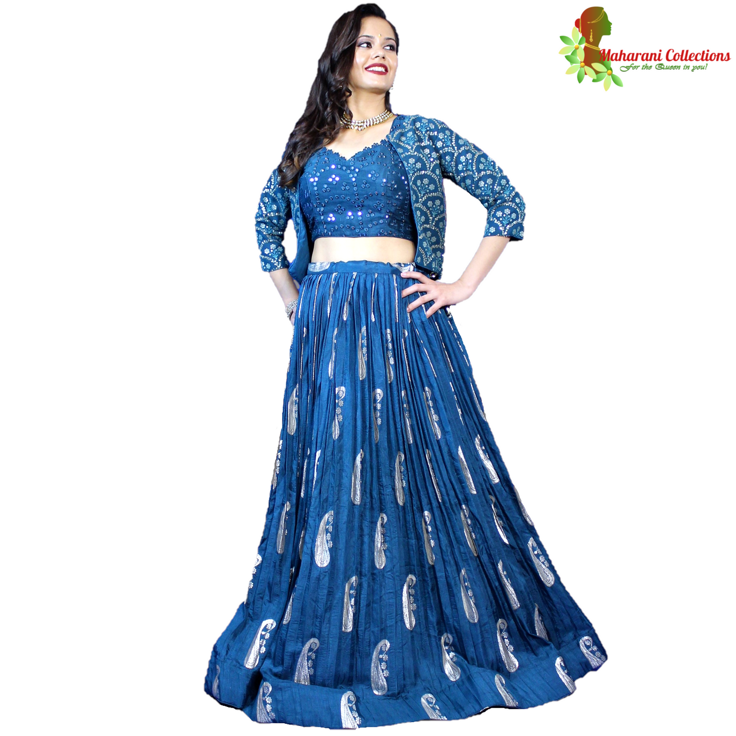 Maharani's Silk Ikkat Patola Lehenga Choli with Half Koti - Robin Blue