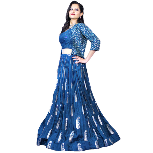 Maharani's Silk Ikkat Patola Lehenga Choli with Half Koti - Robin Blue