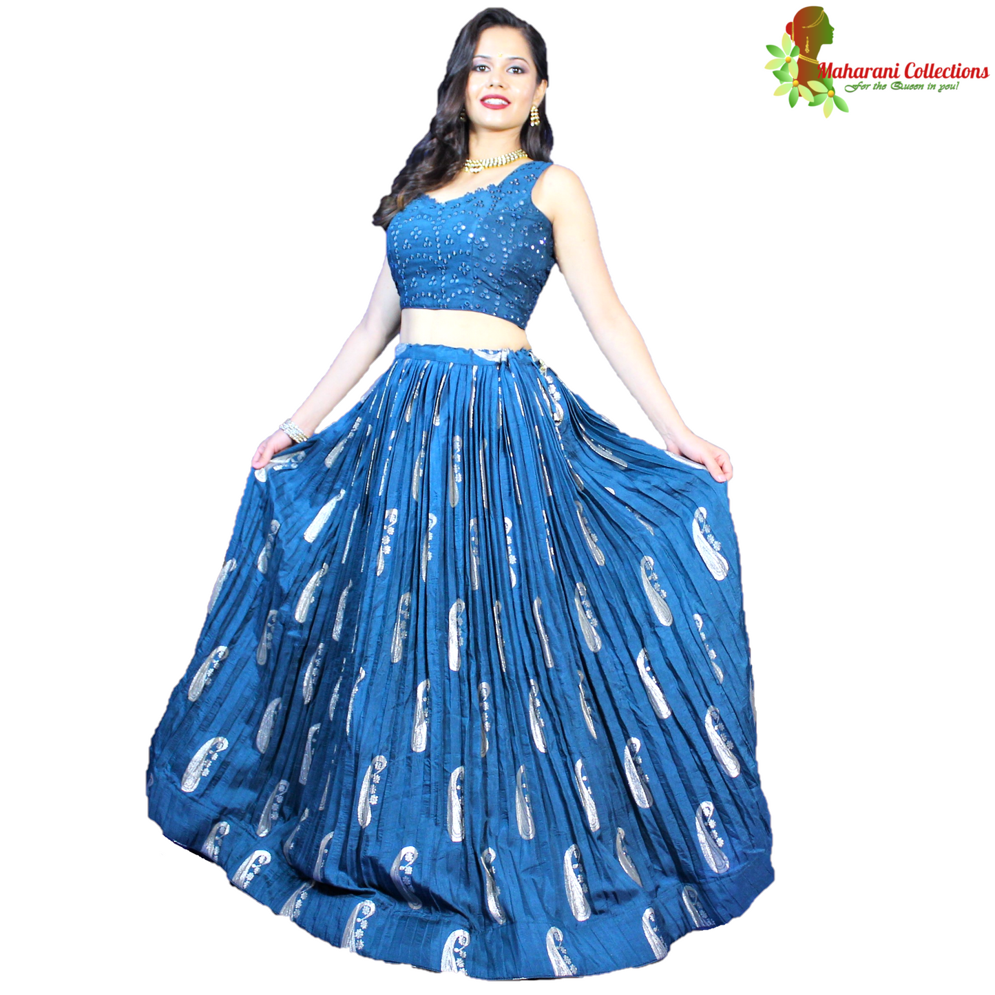Maharani's Silk Ikkat Patola Lehenga Choli with Half Koti - Robin Blue